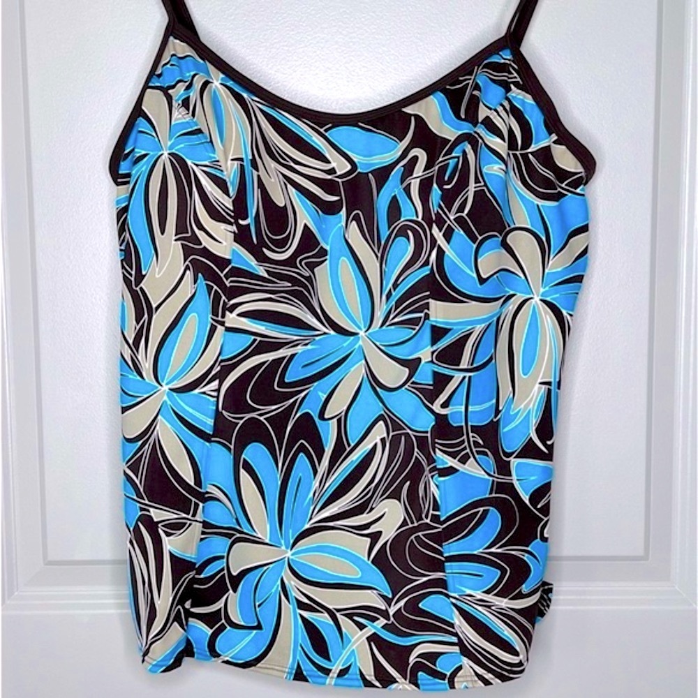 BALTEX Blue Brown Floral Tankini Swim Top Shelf Bra Beach Plus Size 1X - Picture 7 of 16